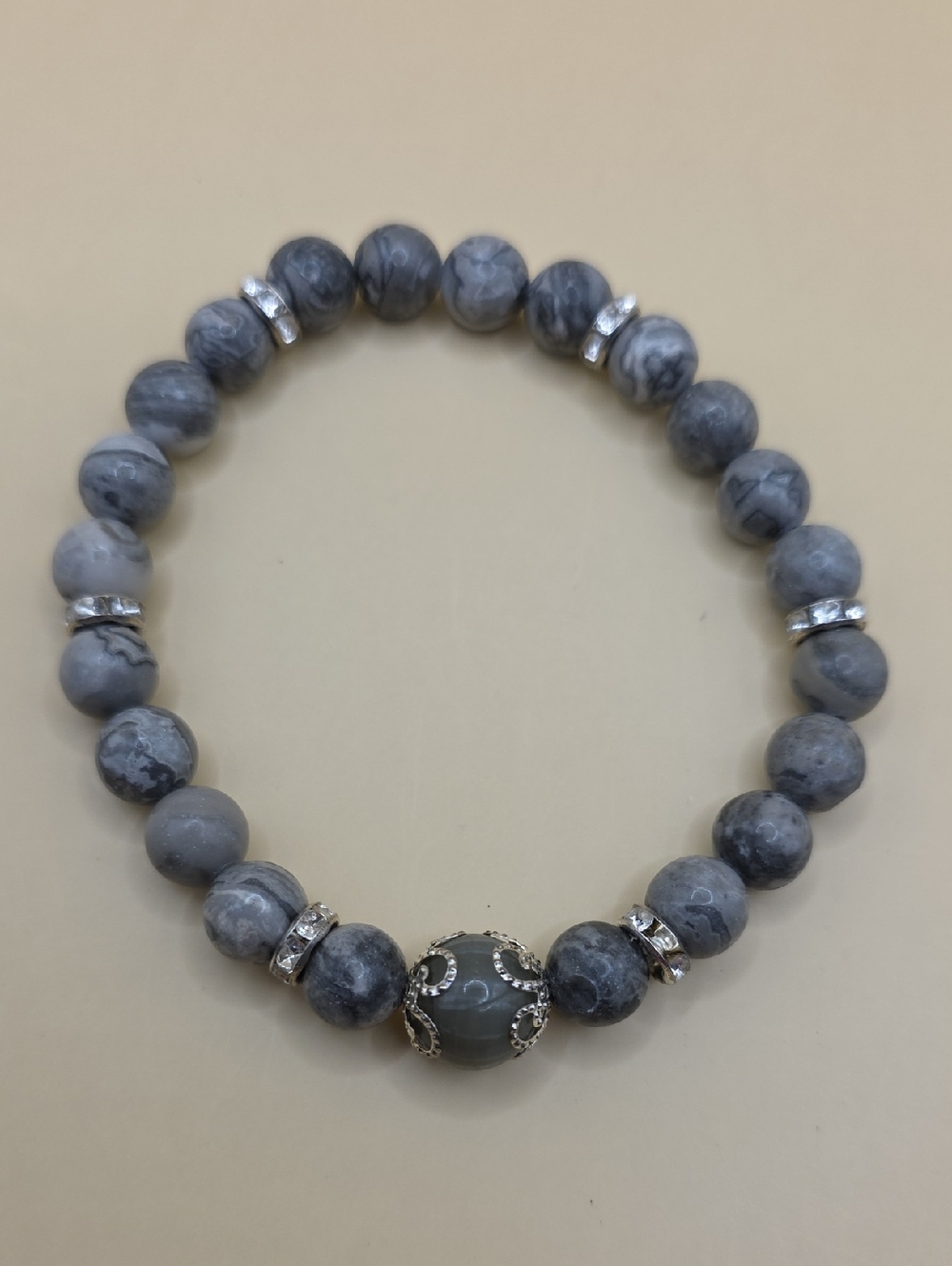 Gray Map Jasper Beaded Stretch Bracelet with Crystal Accents